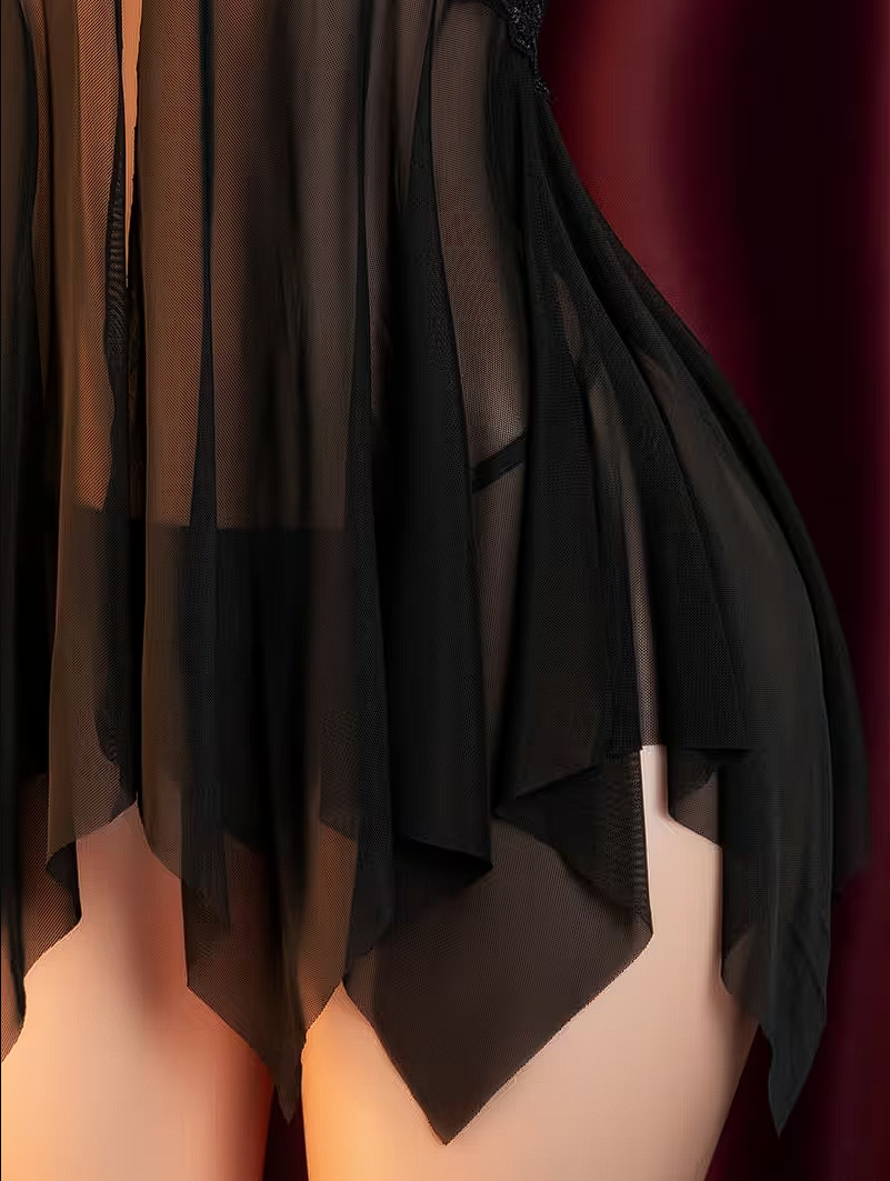 Babydoll de Tul Transparente con Encaje Floral – Negro