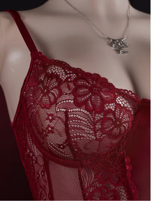 Body de Encaje Transparente con Aro – Color Vino
