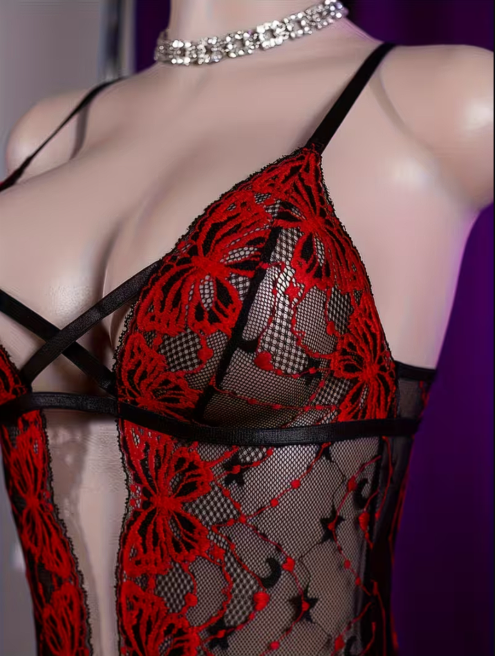 Body de Encaje Floral Transparente con Bordado Rojo y Negro